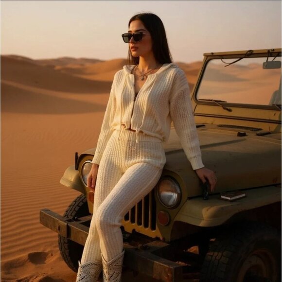 Vanilla Tough Cookie Knit Leggings Set w/ Hoodie Cardigan & Drawstring Waist S - Picture 1 of 3